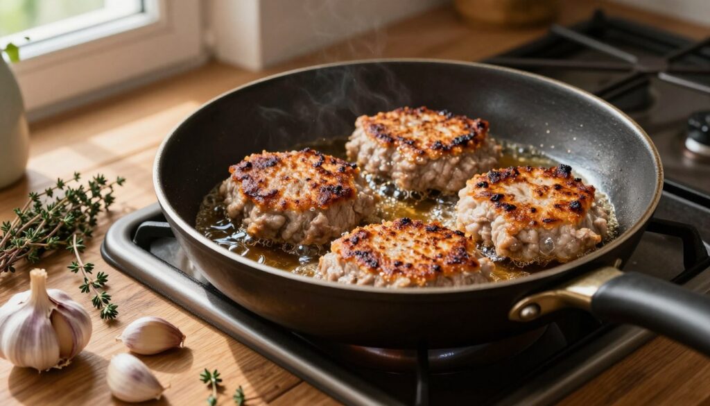A close-up view of a skillet on a stovetop, sizzling with golden-brown polish pork cutlets (kotlety schabowe) preparing to be fried. The foreground features vibrant, fresh ingredients like garlic cloves and sprigs of thyme spread artfully around the skillet. The middle ground showcases the bubbling, rich frying oil, its sheen catching the light, while the cutlets are perfectly coated and slightly crispy. A rustic wooden kitchen table adds warmth to the scene. Soft, natural light filters in from a nearby window, casting gentle shadows. The atmosphere is inviting and homey, evoking the comfort of a traditional Polish kitchen. The image should exclude any text, watermarks, or distractions, focusing entirely on the culinary elements of frying meat.