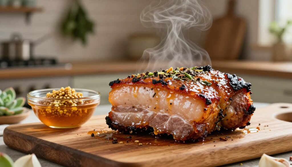 A close-up view of a succulent piece of roasted pork belly, beautifully glazed with a savory marinate that glistens under soft, warm lighting. The foreground showcases the caramelized, crispy skin, highlighted with herbs and spices, creating an inviting texture. In the middle, a wooden cutting board with a small bowl of the marinate beside it, filled with a mix of mustard, garlic, and honey, adds depth. The background features a softly blurred kitchen setting with rustic elements, like herbs hanging from the walls and gentle steam rising, enhancing the warmth and homely atmosphere. The scene evokes a sense of comfort and richness, perfect for illustrating the key to deep flavor in marinated roasted pork. A close-up view of a succulent piece of roasted pork belly, beautifully glazed with a savory marinate that glistens under soft, warm lighting. The foreground showcases the caramelized, crispy skin, highlighted with herbs and spices, creating an inviting texture. In the middle, a wooden cutting board with a small bowl of the marinate beside it, filled with a mix of mustard, garlic, and honey, adds depth. The background features a softly blurred kitchen setting with rustic elements, like herbs hanging from the walls and gentle steam rising, enhancing the warmth and homely atmosphere. The scene evokes a sense of comfort and richness, perfect for illustrating the key to deep flavor in marinated roasted pork.