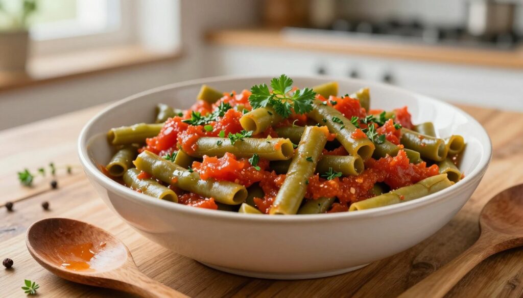 A close-up view of a warm, inviting bowl of "fasolki bretońsku" nestled on a rustic wooden table. The vibrant green beans are mixed with rich, homemade tomato sauce and sprinkled with fresh herbs like parsley and thyme. In the foreground, a wooden spoon rests beside the bowl, glistening with sauce, while a few scattered spices and herbs create an inviting atmosphere. The background features a softly blurred kitchen setting, with gentle, natural light streaming in, illuminating the dish and creating a cozy, home-cooked vibe. Capture the essence of warmth and depth in flavor, hinting at the comforting, aromatic experience of this traditional dish. A close-up view of a warm, inviting bowl of "fasolki bretońsku" nestled on a rustic wooden table. The vibrant green beans are mixed with rich, homemade tomato sauce and sprinkled with fresh herbs like parsley and thyme. In the foreground, a wooden spoon rests beside the bowl, glistening with sauce, while a few scattered spices and herbs create an inviting atmosphere. The background features a softly blurred kitchen setting, with gentle, natural light streaming in, illuminating the dish and creating a cozy, home-cooked vibe. Capture the essence of warmth and depth in flavor, hinting at the comforting, aromatic experience of this traditional dish.