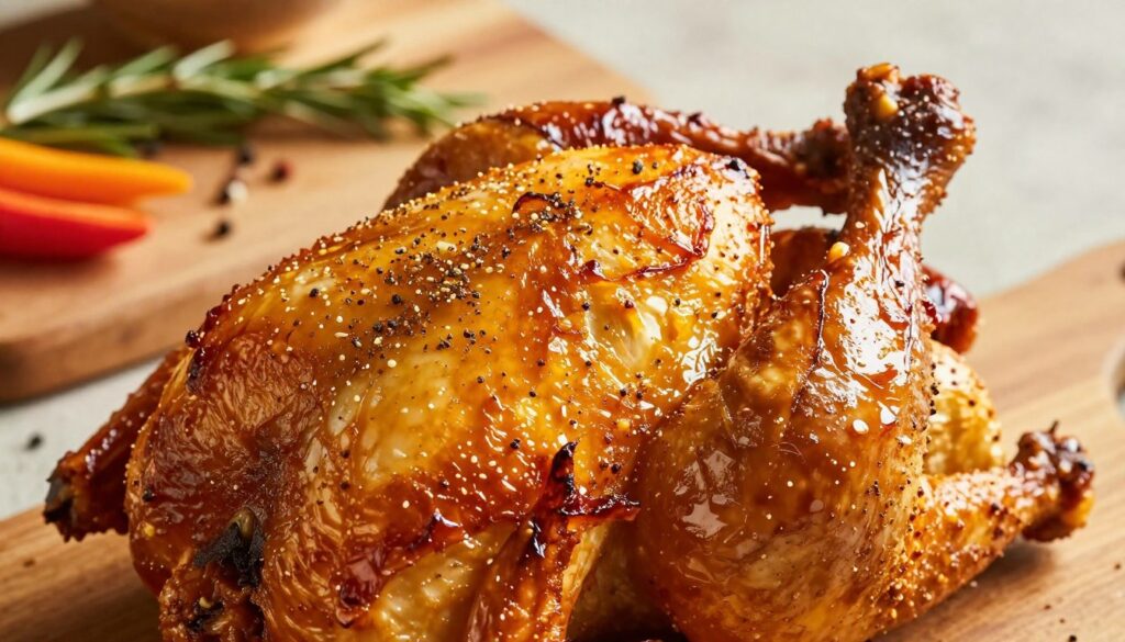 A close-up view of beautifully roasted chicken with perfectly crispy skin, glistening under warm, golden lighting to emphasize its texture. The foreground features a whole chicken, seasoned generously with a blend of spices, showcasing its crunchy, crackling skin that appears both appetizing and inviting. In the middle background, a rustic wooden cutting board adorned with herbs, spices, and perhaps a few colorful vegetables complements the dish, hinting at the preparation process. Soft, diffused lighting enhances the warmth and homely atmosphere, inviting viewers into a culinary experience. The scene captures the essence of cooking techniques that lead to that sought-after, ideal crunch, making it visually appealing and tantalizing for the audience. A close-up view of beautifully roasted chicken with perfectly crispy skin, glistening under warm, golden lighting to emphasize its texture. The foreground features a whole chicken, seasoned generously with a blend of spices, showcasing its crunchy, crackling skin that appears both appetizing and inviting. In the middle background, a rustic wooden cutting board adorned with herbs, spices, and perhaps a few colorful vegetables complements the dish, hinting at the preparation process. Soft, diffused lighting enhances the warmth and homely atmosphere, inviting viewers into a culinary experience. The scene captures the essence of cooking techniques that lead to that sought-after, ideal crunch, making it visually appealing and tantalizing for the audience.