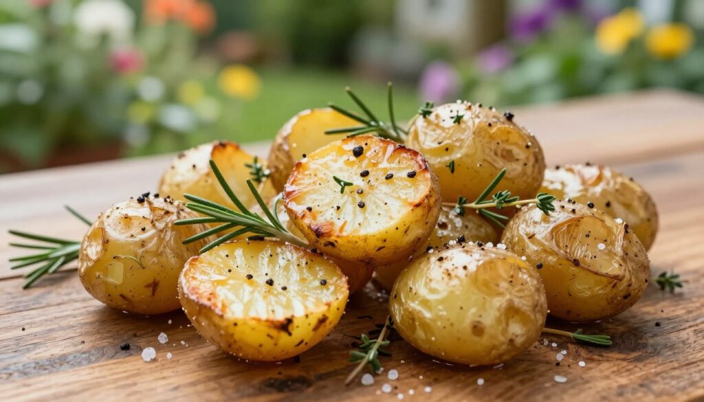 A close-up view of beautifully seasoned, golden-brown roasted potatoes arranged on a rustic wooden table. The potatoes are scattered with fresh herbs like rosemary and thyme, with a sprinkle of sea salt and cracked black pepper, enhancing their natural appeal. In the background, there’s a soft focus of a vibrant summer garden, with greenery and colorful flowers adding life to the scene. Gentle, warm sunlight filters through, creating a cozy, inviting atmosphere. The lens captures a slight overhead angle, emphasizing the texture of the potatoes and the richness of the spices. This image should evoke a sense of home-cooked comfort and culinary delight, reflecting the exploration of flavors in seasoning potatoes. A close-up view of beautifully seasoned, golden-brown roasted potatoes arranged on a rustic wooden table. The potatoes are scattered with fresh herbs like rosemary and thyme, with a sprinkle of sea salt and cracked black pepper, enhancing their natural appeal. In the background, there’s a soft focus of a vibrant summer garden, with greenery and colorful flowers adding life to the scene. Gentle, warm sunlight filters through, creating a cozy, inviting atmosphere. The lens captures a slight overhead angle, emphasizing the texture of the potatoes and the richness of the spices. This image should evoke a sense of home-cooked comfort and culinary delight, reflecting the exploration of flavors in seasoning potatoes.