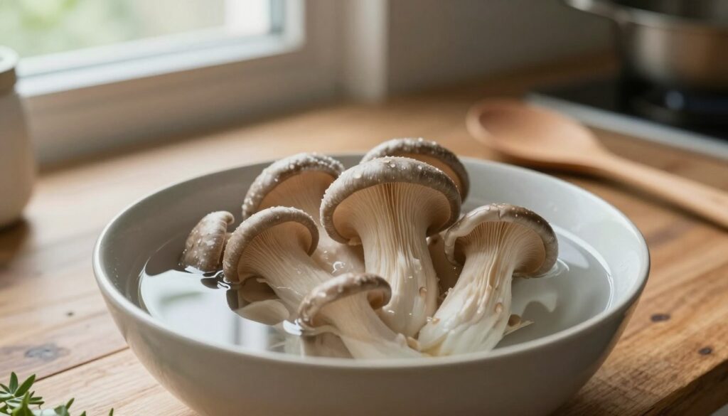 A close-up view of defrosting oyster mushrooms in a bowl of water on a rustic wooden kitchen countertop. The foreground features the mushrooms, with their delicate, curving caps partially submerged, showcasing their natural texture and freshness. In the middle background, soft, natural light pours from a nearby window, casting gentle reflections on the water. A small kitchen tool, like a spatula or wooden spoon, rests beside the bowl, emphasizing the cooking process. The atmosphere is warm and inviting, suggesting a homely cooking environment, while the overall color palette remains earthy, with browns and greens enhancing the organic feel of the scene. A shallow depth of field focuses on the mushrooms, creating a serene and informative mood. A close-up view of defrosting oyster mushrooms in a bowl of water on a rustic wooden kitchen countertop. The foreground features the mushrooms, with their delicate, curving caps partially submerged, showcasing their natural texture and freshness. In the middle background, soft, natural light pours from a nearby window, casting gentle reflections on the water. A small kitchen tool, like a spatula or wooden spoon, rests beside the bowl, emphasizing the cooking process. The atmosphere is warm and inviting, suggesting a homely cooking environment, while the overall color palette remains earthy, with browns and greens enhancing the organic feel of the scene. A shallow depth of field focuses on the mushrooms, creating a serene and informative mood.