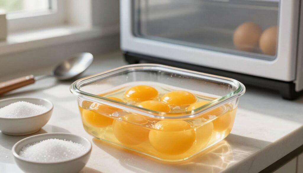 A close-up view of egg yolks being safely frozen, with a focus on vibrant, rich yellow yolks in a clear glass container filled with ice. In the foreground, the container is surrounded by stabilizing agents like sugar and salt in small bowls. The middle ground features a well-organized kitchen countertop, with stainless steel utensils and a frosted freezer door in the background. Soft, natural light filters through a window, casting gentle shadows that create a warm and inviting atmosphere. The overall mood is one of calm efficiency as the process of freezing yolks is executed with care and precision, showcasing the art of food preservation. A close-up view of egg yolks being safely frozen, with a focus on vibrant, rich yellow yolks in a clear glass container filled with ice. In the foreground, the container is surrounded by stabilizing agents like sugar and salt in small bowls. The middle ground features a well-organized kitchen countertop, with stainless steel utensils and a frosted freezer door in the background. Soft, natural light filters through a window, casting gentle shadows that create a warm and inviting atmosphere. The overall mood is one of calm efficiency as the process of freezing yolks is executed with care and precision, showcasing the art of food preservation.