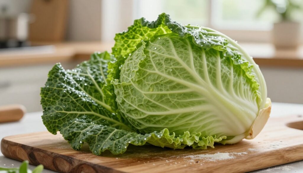 A close-up view of fresh, vibrant cabbage leaves, showcasing their intricate textures and rich green hues. The foreground features glistening droplets of water on the leaves, emphasizing their freshness, while the middle ground includes a rustic wooden cutting board lightly dusted with flour to hint at preparation. In the background, soft natural light filters through a kitchen window, creating a warm, inviting atmosphere. The gentle bokeh effect adds depth, allowing the cabbage to be the focal point. The scene captures the essence of healthy cooking and emphasizes the importance of choosing the right cabbage for freezing, conveying a sense of freshness and culinary inspiration. A close-up view of fresh, vibrant cabbage leaves, showcasing their intricate textures and rich green hues. The foreground features glistening droplets of water on the leaves, emphasizing their freshness, while the middle ground includes a rustic wooden cutting board lightly dusted with flour to hint at preparation. In the background, soft natural light filters through a kitchen window, creating a warm, inviting atmosphere. The gentle bokeh effect adds depth, allowing the cabbage to be the focal point. The scene captures the essence of healthy cooking and emphasizes the importance of choosing the right cabbage for freezing, conveying a sense of freshness and culinary inspiration.