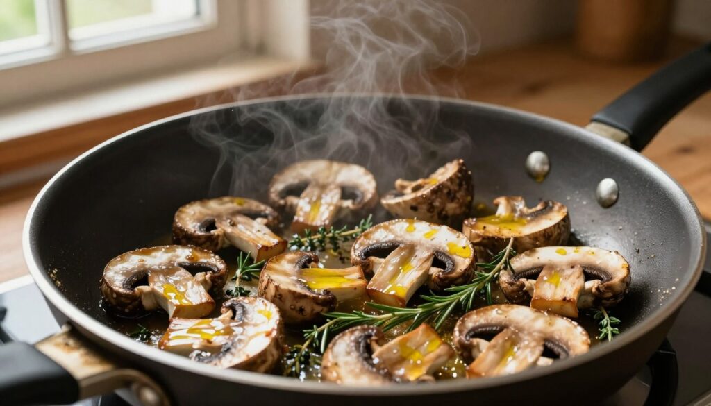 A close-up view of freshly sliced mushrooms being sautéed in a hot frying pan, with golden-brown edges glistening from a drizzle of olive oil. The mushrooms are surrounded by aromatic herbs like thyme and rosemary, which add vibrant green pops of color. In the background, a rustic kitchen setting with wooden countertops and an open window letting in warm, natural light creates a cozy atmosphere. The light casts soft shadows, highlighting the texture of the mushrooms and the pan. Capture the steam rising from the pan, suggesting the delicious aroma, and focus on the vibrant colors to evoke a sense of warmth and home-cooked comfort. The camera angle should be slightly overhead, emphasizing the frying process. A close-up view of freshly sliced mushrooms being sautéed in a hot frying pan, with golden-brown edges glistening from a drizzle of olive oil. The mushrooms are surrounded by aromatic herbs like thyme and rosemary, which add vibrant green pops of color. In the background, a rustic kitchen setting with wooden countertops and an open window letting in warm, natural light creates a cozy atmosphere. The light casts soft shadows, highlighting the texture of the mushrooms and the pan. Capture the steam rising from the pan, suggesting the delicious aroma, and focus on the vibrant colors to evoke a sense of warmth and home-cooked comfort. The camera angle should be slightly overhead, emphasizing the frying process.