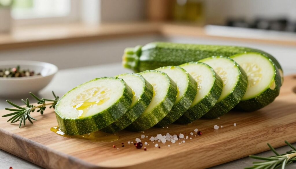 A close-up view of freshly sliced zucchini arranged artistically on a wooden cutting board. The zucchini slices showcase their bright, vibrant green skin and crisp texture, glistening with a light coating of olive oil and sprinkled with coarse sea salt. In the foreground, there's a small dish of aromatic herbs like thyme and rosemary, alongside a sprinkle of red pepper flakes to hint at flavor enhancement. The background features blurred kitchen utensils and a warm, inviting kitchen environment bathed in soft, natural light from a nearby window, creating a cozy and appetizing atmosphere. The image conveys a sense of freshness, health, and culinary creativity, emphasizing the importance of maintaining zucchini's crispness during cooking. A close-up view of freshly sliced zucchini arranged artistically on a wooden cutting board. The zucchini slices showcase their bright, vibrant green skin and crisp texture, glistening with a light coating of olive oil and sprinkled with coarse sea salt. In the foreground, there's a small dish of aromatic herbs like thyme and rosemary, alongside a sprinkle of red pepper flakes to hint at flavor enhancement. The background features blurred kitchen utensils and a warm, inviting kitchen environment bathed in soft, natural light from a nearby window, creating a cozy and appetizing atmosphere. The image conveys a sense of freshness, health, and culinary creativity, emphasizing the importance of maintaining zucchini's crispness during cooking.