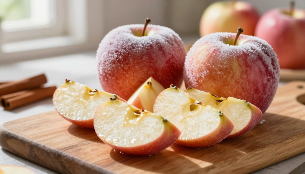 A close-up view of frozen apples, showcasing their icy coating and vibrant colors. The foreground features a handful of glistening, frozen apple slices, with a slight frost forming on their surfaces, highlighting the juicy textures. In the middle, a rustic wooden cutting board provides a warm contrast to the coolness of the apples. The background softly blurs, revealing a kitchen setting with hints of seasonal ingredients, like cinnamon sticks and whole apples. Natural light streams in from a nearby window, casting gentle shadows and creating a cozy atmosphere. The overall mood is inviting and refreshing, emphasizing the appeal of frozen apples for delicious desserts. A close-up view of frozen apples, showcasing their icy coating and vibrant colors. The foreground features a handful of glistening, frozen apple slices, with a slight frost forming on their surfaces, highlighting the juicy textures. In the middle, a rustic wooden cutting board provides a warm contrast to the coolness of the apples. The background softly blurs, revealing a kitchen setting with hints of seasonal ingredients, like cinnamon sticks and whole apples. Natural light streams in from a nearby window, casting gentle shadows and creating a cozy atmosphere. The overall mood is inviting and refreshing, emphasizing the appeal of frozen apples for delicious desserts.