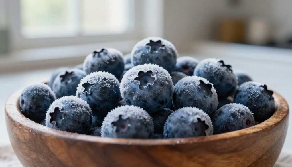 A close-up view of frozen blueberries, glistening with frost and ice crystals, nestled in a rustic wooden bowl. The foreground showcases the blueberries with detailed textures, their vibrant blue skin contrasting against the cool white frost. In the middle, a clean kitchen countertop is visible, with a subtle hint of condensation on the bowl, emphasizing the temperature. The background features soft natural light filtering through a window, creating a serene and inviting atmosphere. The scene exudes freshness and the idea of preserving natural nutrients. The lens should create a shallow depth of field, keeping the blueberries in sharp focus while softly blurring the background, enhancing the mood of tranquility and healthiness. A close-up view of frozen blueberries, glistening with frost and ice crystals, nestled in a rustic wooden bowl. The foreground showcases the blueberries with detailed textures, their vibrant blue skin contrasting against the cool white frost. In the middle, a clean kitchen countertop is visible, with a subtle hint of condensation on the bowl, emphasizing the temperature. The background features soft natural light filtering through a window, creating a serene and inviting atmosphere. The scene exudes freshness and the idea of preserving natural nutrients. The lens should create a shallow depth of field, keeping the blueberries in sharp focus while softly blurring the background, enhancing the mood of tranquility and healthiness.