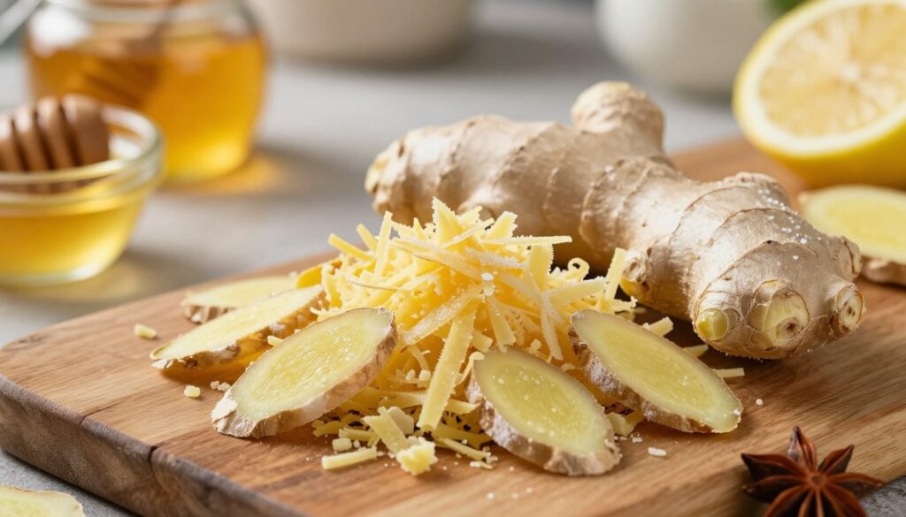 A close-up view of frozen ginger, grated and beautifully arranged on a rustic wooden surface. The ginger pieces glisten with frost, showcasing their texture and vibrant color. Surrounding the ginger are small containers filled with natural ingredients like honey, lemon slices, and spices, evoking the idea of enhancing flavors. In the background, softly blurred, there are subtle hints of a kitchen setting with warm lighting, giving a cozy and inviting atmosphere. The image is captured from a slightly elevated angle, emphasizing the freshness and appeal of the ingredients. The overall mood is one of warmth and reassurance, perfect for illustrating the convenience of using frozen ginger in everyday cooking.