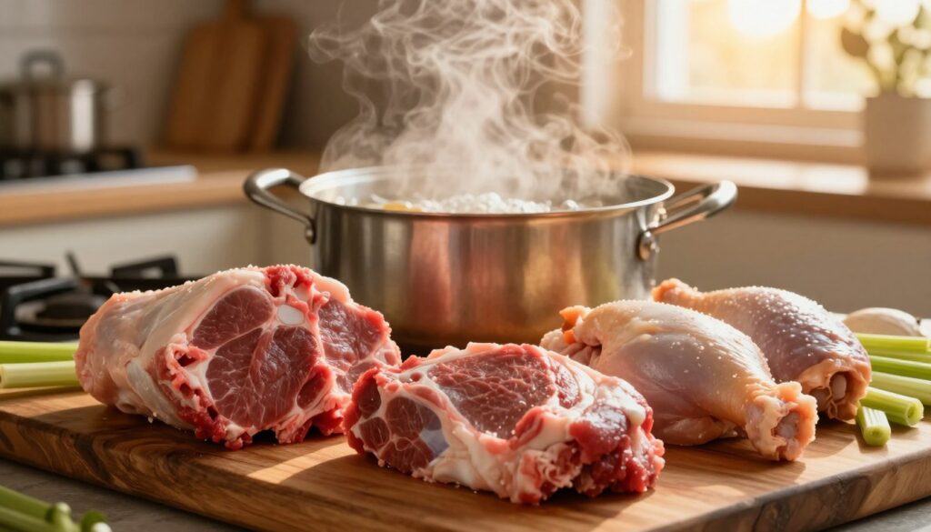A close-up view of high-quality, raw meat cuts suited for making traditional broth. In the foreground, showcase a variety of meat types, including beef shank, chicken, and vegetables like carrots and celery, all displayed on a rustic wooden cutting board. The middle layer features a pot simmering on the stove, with gentle bubbles rising, casting soft steam in the air. The background includes a warm, inviting kitchen scene with subtle lighting from a window, filtering in golden afternoon sun. The atmosphere is cozy and homely, evoking the comforting preparation of a family meal. Focus on clarity and warmth in the overall composition. A close-up view of high-quality, raw meat cuts suited for making traditional broth. In the foreground, showcase a variety of meat types, including beef shank, chicken, and vegetables like carrots and celery, all displayed on a rustic wooden cutting board. The middle layer features a pot simmering on the stove, with gentle bubbles rising, casting soft steam in the air. The background includes a warm, inviting kitchen scene with subtle lighting from a window, filtering in golden afternoon sun. The atmosphere is cozy and homely, evoking the comforting preparation of a family meal. Focus on clarity and warmth in the overall composition.