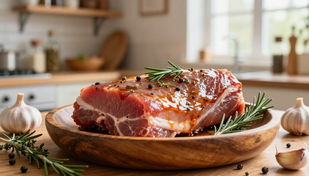 A close-up view of marinated pork loin (schab) placed in a rustic wooden bowl, surrounded by an array of aromatic herbs and spices, including garlic, peppercorns, rosemary, and thyme. The pork loin is glistening with an inviting marinade, showcasing rich colors of soy sauce and herbs. In the background, there’s a softly lit kitchen setting, with wooden shelves holding various condiments and spices, creating a warm and homely atmosphere. Natural light streams in through a window, casting soft shadows and highlighting the texture of the meat and spices. The image is captured with a shallow depth of field to focus on the marinated pork, evoking a sense of culinary artistry and warmth. A close-up view of marinated pork loin (schab) placed in a rustic wooden bowl, surrounded by an array of aromatic herbs and spices, including garlic, peppercorns, rosemary, and thyme. The pork loin is glistening with an inviting marinade, showcasing rich colors of soy sauce and herbs. In the background, there’s a softly lit kitchen setting, with wooden shelves holding various condiments and spices, creating a warm and homely atmosphere. Natural light streams in through a window, casting soft shadows and highlighting the texture of the meat and spices. The image is captured with a shallow depth of field to focus on the marinated pork, evoking a sense of culinary artistry and warmth.