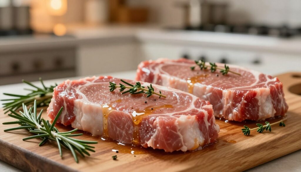 A close-up view of marinated veal steaks resting on a wooden cutting board, glistening with a rich, flavorful marinade. Surround the steaks with fresh herbs such as rosemary and thyme, adding a vibrant green contrast. In the background, a softly blurred kitchen setting with warm, inviting lighting creates a cozy atmosphere. The image captures the essence of culinary preparation, emphasizing the delicate pink hue of the meat, while the marinade's glossy sheen highlights its tenderness. Use a shallow depth of field to focus on the meats in the foreground, with the kitchen's ambient light providing a gentle glow, evoking a sense of comfort and anticipation for a delicious meal. The overall mood should feel homely and inviting, perfect for showcasing the marination process. A close-up view of marinated veal steaks resting on a wooden cutting board, glistening with a rich, flavorful marinade. Surround the steaks with fresh herbs such as rosemary and thyme, adding a vibrant green contrast. In the background, a softly blurred kitchen setting with warm, inviting lighting creates a cozy atmosphere. The image captures the essence of culinary preparation, emphasizing the delicate pink hue of the meat, while the marinade's glossy sheen highlights its tenderness. Use a shallow depth of field to focus on the meats in the foreground, with the kitchen's ambient light providing a gentle glow, evoking a sense of comfort and anticipation for a delicious meal. The overall mood should feel homely and inviting, perfect for showcasing the marination process.