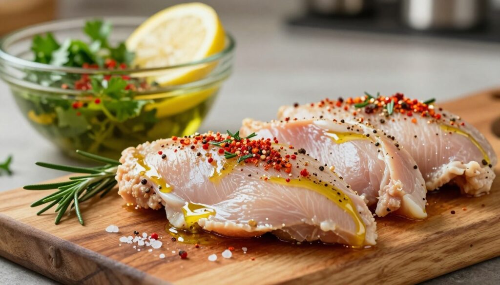 A close-up view of succulent turkey breast fillets marinated in a vibrant mix of herbs and spices, glistening with a light sheen of olive oil. The foreground features the fillets on a rustic wooden cutting board, adorned with fresh rosemary sprigs and a sprinkle of sea salt for added texture. In the middle ground, a bowl filled with the marinade, showcasing vibrant green parsley, bright red paprika, and lemon slices, emphasizes the richness of flavors. The background softly fades into a blurred kitchen setting with warm, inviting lighting, creating a cozy atmosphere. The angle is slightly tilted to enhance the depth of the composition, focusing on the juicy fillets, inviting viewers to imagine their enticing aroma and delicious taste.