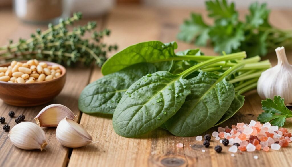 A close-up view of vibrant, fresh spinach leaves arranged artfully on a rustic wooden kitchen table. Surrounding the spinach, an array of the best spices for enhancing its flavor: fragrant garlic cloves, a small bowl of nutty pine nuts, bright pink Himalayan salt, and a scattering of peppercorns. In the background, a soft-focus image of herbs like thyme and parsley in small pots, adding a hint of green. Warm, natural lighting casts a cozy glow over the scene, creating an inviting and aromatic atmosphere. Capture the details of the spices and leaves with a shallow depth of field, emphasizing their textures and colors while keeping the overall mood uplifting and appetizing. A close-up view of vibrant, fresh spinach leaves arranged artfully on a rustic wooden kitchen table. Surrounding the spinach, an array of the best spices for enhancing its flavor: fragrant garlic cloves, a small bowl of nutty pine nuts, bright pink Himalayan salt, and a scattering of peppercorns. In the background, a soft-focus image of herbs like thyme and parsley in small pots, adding a hint of green. Warm, natural lighting casts a cozy glow over the scene, creating an inviting and aromatic atmosphere. Capture the details of the spices and leaves with a shallow depth of field, emphasizing their textures and colors while keeping the overall mood uplifting and appetizing.