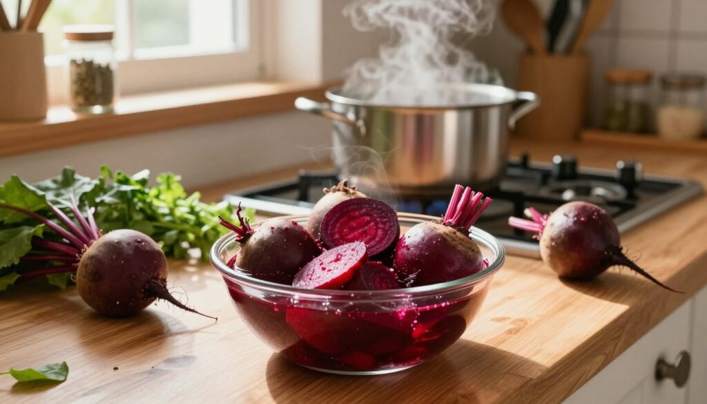 A cozy kitchen scene depicting the process of thawing beets. In the foreground, a bowl filled with vibrant red and purple beets rests on a wooden countertop, some partially submerged in water to showcase the thawing process. The middle ground features a steaming pot on a stove, with fresh herbs nearby, hinting at their future culinary use. Sunlight spills through a window, creating warm, inviting light that enhances the texture of the beets and the wooden surfaces. In the background, shelves lined with various kitchen tools and spice jars add a homey touch. The atmosphere is warm and inviting, fostering a sense of comfort and culinary creativity. A cozy kitchen scene depicting the process of thawing beets. In the foreground, a bowl filled with vibrant red and purple beets rests on a wooden countertop, some partially submerged in water to showcase the thawing process. The middle ground features a steaming pot on a stove, with fresh herbs nearby, hinting at their future culinary use. Sunlight spills through a window, creating warm, inviting light that enhances the texture of the beets and the wooden surfaces. In the background, shelves lined with various kitchen tools and spice jars add a homey touch. The atmosphere is warm and inviting, fostering a sense of comfort and culinary creativity.