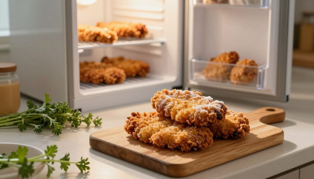 A cozy kitchen scene featuring a neatly arranged kitchen countertop with a variety of frozen, golden-brown fried pork cutlets placed on a rustic wooden cutting board. In the foreground, a few cutlets are stacked, glistening with a light frost to indicate they have been recently frozen. The middle ground should showcase a partially open freezer with other similar cutlets visible inside, highlighting the storage aspect. Soft, warm lighting illuminates the scene, creating an inviting atmosphere. Fresh herbs are scattered artfully around the countertop, and in the background, a faint view of a warm, inviting kitchen with sunlight streaming in through a window enhances the homely feel. The angle should be slightly elevated, providing depth to the composition without any human subjects or distractions. A cozy kitchen scene featuring a neatly arranged kitchen countertop with a variety of frozen, golden-brown fried pork cutlets placed on a rustic wooden cutting board. In the foreground, a few cutlets are stacked, glistening with a light frost to indicate they have been recently frozen. The middle ground should showcase a partially open freezer with other similar cutlets visible inside, highlighting the storage aspect. Soft, warm lighting illuminates the scene, creating an inviting atmosphere. Fresh herbs are scattered artfully around the countertop, and in the background, a faint view of a warm, inviting kitchen with sunlight streaming in through a window enhances the homely feel. The angle should be slightly elevated, providing depth to the composition without any human subjects or distractions.
