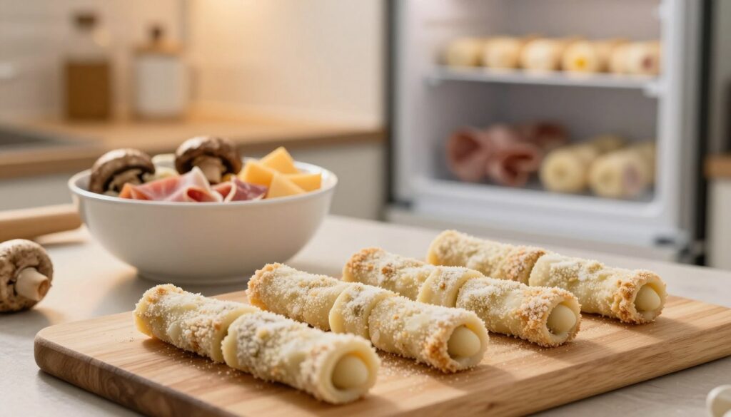 A cozy kitchen scene focused on preparing krokiety for freezing. In the foreground, a wooden cutting board showcases neatly arranged krokiety, lightly breaded and ready for the freezer. In the middle, a bright bowl filled with an assortment of fillings – such as mushrooms, cheese, and ham – reveals the delicious variety inside the krokiety. The background features a well-lit kitchen with soft, warm lighting that enhances the inviting atmosphere, and an open freezer visible, suggesting preparation for storage. The image is captured with a shallow depth of field to keep the focus on the krokiety while blurring the background slightly, creating a homely and appetizing mood, emphasizing the love and care in the cooking process.