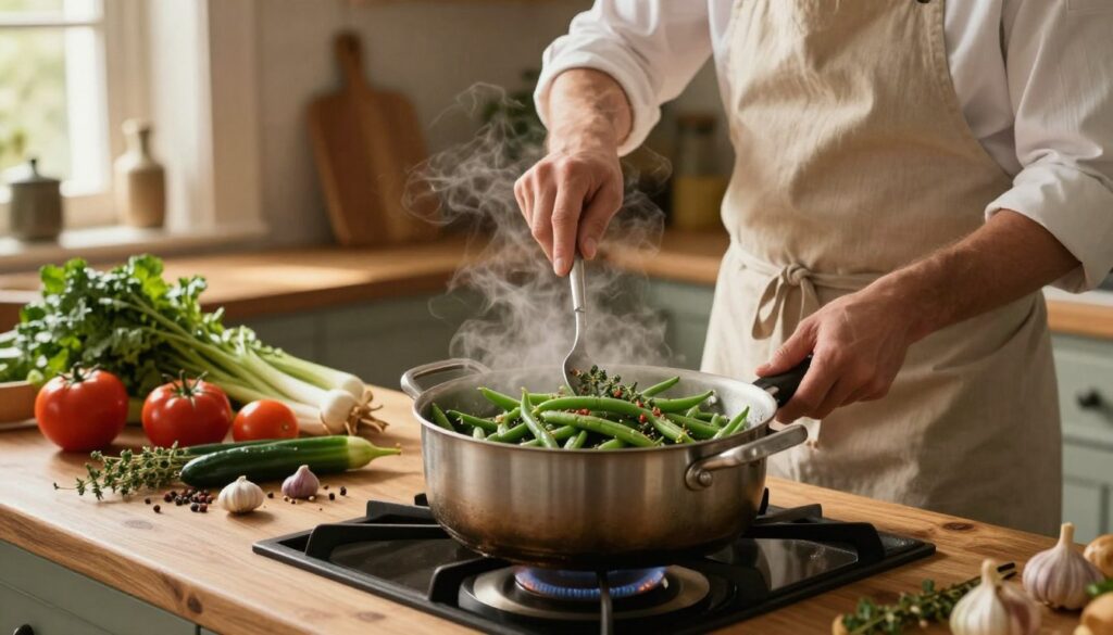 A cozy kitchen scene focused on the cooking techniques used for preparing traditional French-style green beans. In the foreground, a pot of simmering breton beans on a rustic wooden stove, steam rising gently, revealing fresh herbs and spices like thyme and garlic. In the middle ground, a chef in a simple yet elegant apron is skillfully stirring the pot, showing their concentration. Various colorful fresh vegetables and spices are artfully arranged on the counter, showcasing natural textures. The background features warm, soft lighting from a window, casting a gentle glow over the kitchen, creating a homey and inviting atmosphere. The overall mood should evoke a sense of warmth, tradition, and culinary craftsmanship. A cozy kitchen scene focused on the cooking techniques used for preparing traditional French-style green beans. In the foreground, a pot of simmering breton beans on a rustic wooden stove, steam rising gently, revealing fresh herbs and spices like thyme and garlic. In the middle ground, a chef in a simple yet elegant apron is skillfully stirring the pot, showing their concentration. Various colorful fresh vegetables and spices are artfully arranged on the counter, showcasing natural textures. The background features warm, soft lighting from a window, casting a gentle glow over the kitchen, creating a homey and inviting atmosphere. The overall mood should evoke a sense of warmth, tradition, and culinary craftsmanship.