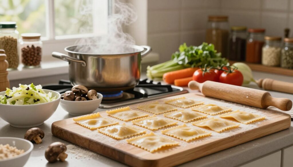 A cozy kitchen scene showcasing the preparation of "łazanki" ready for freezing. In the foreground, a wooden cutting board holds freshly made łazanki pasta, glistening and neatly cut into squares. Surrounding the pasta are bowls filled with various ingredients like sautéed cabbage and mushrooms. The middle ground features a well-lit kitchen with a large pot on the stove, steam rising, and vibrant vegetables arranged around. In the background, shelves stacked with jars of spices and condiments add warmth to the scene. Soft, natural light filters through a nearby window, casting gentle shadows. The atmosphere is inviting and homely, suggesting a practical and joyful cooking experience. A cozy kitchen scene showcasing the preparation of "łazanki" ready for freezing. In the foreground, a wooden cutting board holds freshly made łazanki pasta, glistening and neatly cut into squares. Surrounding the pasta are bowls filled with various ingredients like sautéed cabbage and mushrooms. The middle ground features a well-lit kitchen with a large pot on the stove, steam rising, and vibrant vegetables arranged around. In the background, shelves stacked with jars of spices and condiments add warmth to the scene. Soft, natural light filters through a nearby window, casting gentle shadows. The atmosphere is inviting and homely, suggesting a practical and joyful cooking experience.