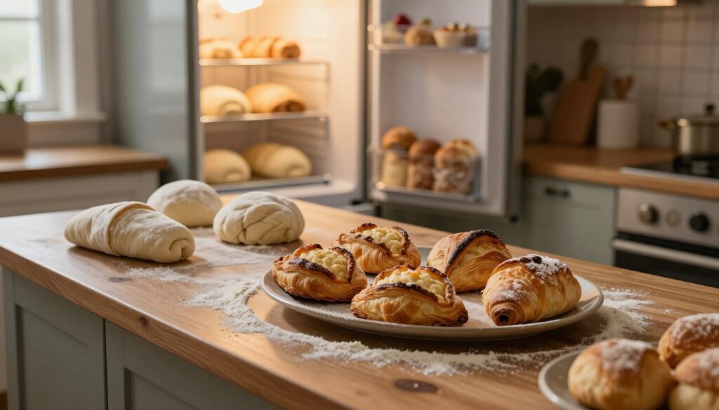 A cozy kitchen setting featuring an elegant wooden countertop adorned with a variety of baked goods, lightly dusted with flour. In the foreground, a beautifully arranged plate of thawing pastries and breads, showcasing their golden-brown crusts and flaky textures. In the middle ground, an open refrigerator displaying a few wrapped dough pieces beside the pastries, hinting at the idea of freezing and thawing. The background reveals a softly lit kitchen with warm ambient lighting that creates a homely atmosphere. A rustic window lets in gentle natural light, enhancing the inviting mood. The lens captures a slightly elevated angle, providing a comprehensive view of the thawing process without any human presence, illustrating an optimal method for thawing baked goods.