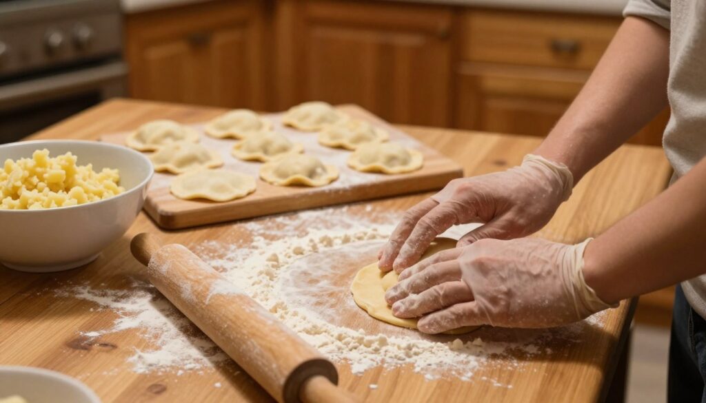 A cozy kitchen setting, showcasing the step-by-step preparation of pierogi dough for freezing. In the foreground, a wooden countertop is strewn with flour, and a rolling pin rests next to a bowl of dough. A pair of hands, wearing modest kitchen gloves, are gently kneading the dough. In the middle ground, a cutting board holds some neatly rolled-out dough circles, ready for filling, alongside a small dish of potato filling. The background features warm wooden cabinets and soft, ambient lighting that enhances the inviting atmosphere of the scene. The image captures a homey, focused mood, emphasizing the art of cooking with care and precision. The camera angle is slightly above eye level, lending a perspective that draws the viewer into the preparation process. A cozy kitchen setting, showcasing the step-by-step preparation of pierogi dough for freezing. In the foreground, a wooden countertop is strewn with flour, and a rolling pin rests next to a bowl of dough. A pair of hands, wearing modest kitchen gloves, are gently kneading the dough. In the middle ground, a cutting board holds some neatly rolled-out dough circles, ready for filling, alongside a small dish of potato filling. The background features warm wooden cabinets and soft, ambient lighting that enhances the inviting atmosphere of the scene. The image captures a homey, focused mood, emphasizing the art of cooking with care and precision. The camera angle is slightly above eye level, lending a perspective that draws the viewer into the preparation process.