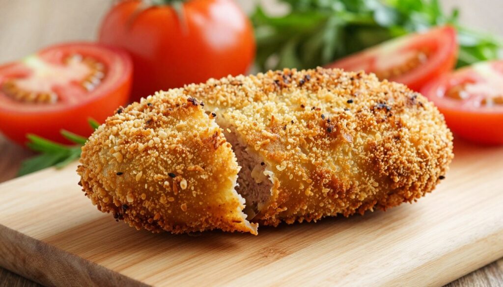 A freshly breaded kotlet schabowy, golden and crispy, laying on a wooden cutting board. The meat's edges are slightly curling away from the breadcrumbs, hinting at a separation, symbolizing the theme of the image. In the background, soft-focus vegetables like sliced tomatoes and fresh herbs create a colorful contrast. Use warm, natural lighting to highlight the textures of the crispy coating and the juiciness of the meat. A close-up shot taken from a low angle, showcasing the kotlet schabowy’s details, while the surrounding ingredients gently fade into the background. The atmosphere is inviting and appetizing, evoking a sense of home cooking. A freshly breaded kotlet schabowy, golden and crispy, laying on a wooden cutting board. The meat's edges are slightly curling away from the breadcrumbs, hinting at a separation, symbolizing the theme of the image. In the background, soft-focus vegetables like sliced tomatoes and fresh herbs create a colorful contrast. Use warm, natural lighting to highlight the textures of the crispy coating and the juiciness of the meat. A close-up shot taken from a low angle, showcasing the kotlet schabowy’s details, while the surrounding ingredients gently fade into the background. The atmosphere is inviting and appetizing, evoking a sense of home cooking.