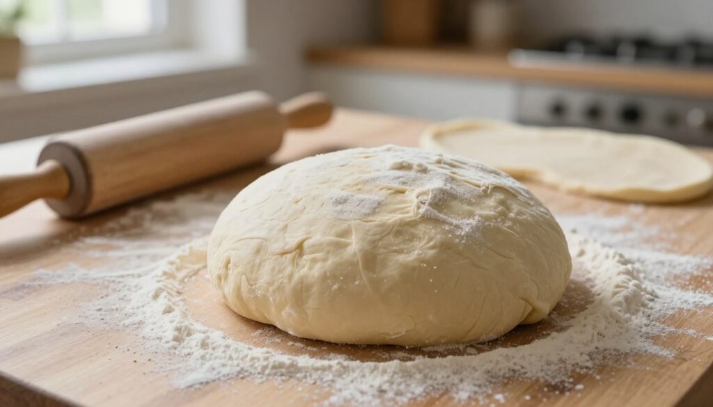A freshly made pizza dough ball rests on a wooden surface, dusted with flour, showcasing its soft and elastic texture. To the left, a rolling pin lies ready, while a background of a cozy kitchen is softly blurred to emphasize the dough's detail. Soft, natural light filters through a nearby window, creating gentle highlights on the dough’s surface, adding warmth to the scene. The atmosphere is inviting and homely, hinting at the satisfaction of baking. In the middle ground, a partially rolled-out piece of dough is elegantly displayed, demonstrating safe thawing techniques, with an emphasis on retaining its shape and texture for baking. The angle is slightly overhead, drawing attention to the dough’s authenticity without distractions. A freshly made pizza dough ball rests on a wooden surface, dusted with flour, showcasing its soft and elastic texture. To the left, a rolling pin lies ready, while a background of a cozy kitchen is softly blurred to emphasize the dough's detail. Soft, natural light filters through a nearby window, creating gentle highlights on the dough’s surface, adding warmth to the scene. The atmosphere is inviting and homely, hinting at the satisfaction of baking. In the middle ground, a partially rolled-out piece of dough is elegantly displayed, demonstrating safe thawing techniques, with an emphasis on retaining its shape and texture for baking. The angle is slightly overhead, drawing attention to the dough’s authenticity without distractions.