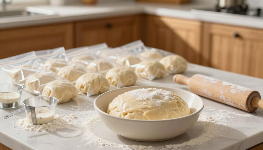 A kitchen countertop filled with raw dough prepared for freezing. In the foreground, a large bowl of smooth, unbaked yeast dough, slightly sticky and freshly kneaded, dusted with flour. Surrounding the bowl are scattered flour, measuring cups, and a rolling pin still coated with dough. In the middle, a soft focus on neatly wrapped portions of dough in plastic freezer bags, ready to be placed in the freezer. In the background, a cozy kitchen setting with warm wooden cabinets and a hint of natural sunlight streaming through a window, casting gentle shadows. The atmosphere is inviting and calm, conveying the meticulous yet warm process of preparing dough before freezing, with professional and clean aesthetics throughout.