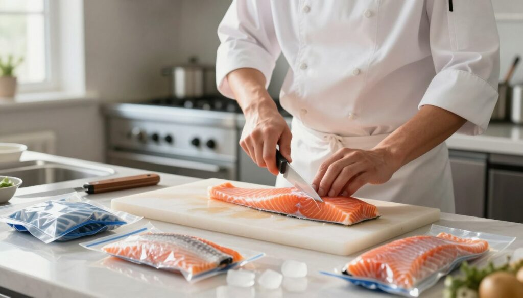 A kitchen countertop scene featuring a professional chef in a clean, modest outfit, skillfully preparing salmon for freezing. The foreground includes a fresh salmon fillet on a cutting board, surrounded by ice packs and vacuum-sealable bags ready for use. In the middle ground, the chef is using a sharp knife to portion the salmon into suitable sizes for freezing, with a focus on technique and precision. The background reveals a well-maintained kitchen with stainless steel appliances and bright lighting, emphasizing a clean and organized atmosphere. Soft natural light streams in from a nearby window, creating a warm and inviting mood, while the shallow depth of field draws attention to the fish preparation process.