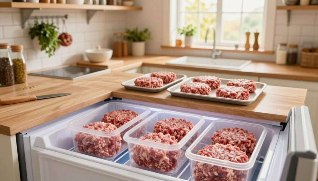 A kitchen scene featuring a neatly organized countertop with trays of raw minced meat patties, ready for freezing. In the foreground, showcase an open freezer with clear containers filled with frozen patties, each clearly visible, showcasing their texture. The middle ground includes a stylish kitchen with wooden shelves lined with herbs and spices, while the background features a vibrant window letting in soft, natural light, enhancing the warm atmosphere. Aim for a cozy, inviting mood, emphasizing practicality in food storage. Use a slightly overhead angle to capture the scene, showcasing the meticulous arrangement of the patties and the kitchen environment. Focus on warm lighting to create a homey ambiance. A kitchen scene featuring a neatly organized countertop with trays of raw minced meat patties, ready for freezing. In the foreground, showcase an open freezer with clear containers filled with frozen patties, each clearly visible, showcasing their texture. The middle ground includes a stylish kitchen with wooden shelves lined with herbs and spices, while the background features a vibrant window letting in soft, natural light, enhancing the warm atmosphere. Aim for a cozy, inviting mood, emphasizing practicality in food storage. Use a slightly overhead angle to capture the scene, showcasing the meticulous arrangement of the patties and the kitchen environment. Focus on warm lighting to create a homey ambiance.