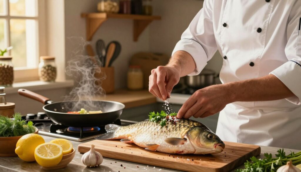 A large, fresh carp being prepared for pan-frying in a cozy, well-lit kitchen. In the foreground, a skilled chef, wearing a white apron and chef's hat, carefully seasons the fish with salt and spices, showcasing vibrant herbs like dill and parsley. The middle ground features a frying pan sizzling on the stove, surrounded by bowls of colorful ingredients such as lemon slices and garlic cloves, enhancing the culinary atmosphere. The background reveals a rustic kitchen setting with shelves filled with cooking utensils and spices, contributing to the warm, homey mood. Soft golden light filters through a nearby window, casting a welcoming glow on the scene, evoking a sense of delicious anticipation. A large, fresh carp being prepared for pan-frying in a cozy, well-lit kitchen. In the foreground, a skilled chef, wearing a white apron and chef's hat, carefully seasons the fish with salt and spices, showcasing vibrant herbs like dill and parsley. The middle ground features a frying pan sizzling on the stove, surrounded by bowls of colorful ingredients such as lemon slices and garlic cloves, enhancing the culinary atmosphere. The background reveals a rustic kitchen setting with shelves filled with cooking utensils and spices, contributing to the warm, homey mood. Soft golden light filters through a nearby window, casting a welcoming glow on the scene, evoking a sense of delicious anticipation.