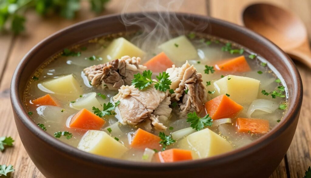 A rich, steaming bowl of traditional krupnik soup, garnished with vibrant green parsley, showcasing a medley of diced vegetables like carrots, potatoes, and onions. Lean pieces of tender meat, such as chicken or pork, are prominent, adding a sense of heartiness. The background features a rustic wooden table, with soft, natural lighting highlighting the textures of the ingredients. A close-up perspective captures the inviting steam rising from the soup, creating an atmosphere of warmth and comfort. Subtle hues of earthy browns and greens dominate the palette, evoking the essence of homemade meals and nourishing aromas. A wooden spoon rests beside the bowl, inviting the viewer to savor the flavors within. A rich, steaming bowl of traditional krupnik soup, garnished with vibrant green parsley, showcasing a medley of diced vegetables like carrots, potatoes, and onions. Lean pieces of tender meat, such as chicken or pork, are prominent, adding a sense of heartiness. The background features a rustic wooden table, with soft, natural lighting highlighting the textures of the ingredients. A close-up perspective captures the inviting steam rising from the soup, creating an atmosphere of warmth and comfort. Subtle hues of earthy browns and greens dominate the palette, evoking the essence of homemade meals and nourishing aromas. A wooden spoon rests beside the bowl, inviting the viewer to savor the flavors within.