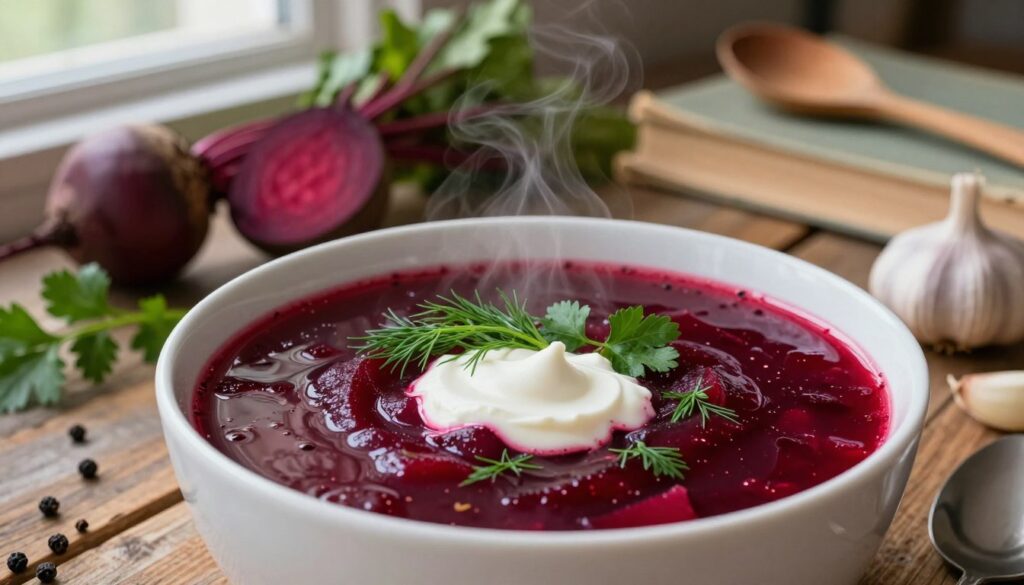 A rich, steaming bowl of traditional red borscht is centered in the foreground, showcasing its deep burgundy color against a rustic wooden table. Delicate herbs like dill and parsley are scattered on top, and a dollop of sour cream swirls artistically in the midst. In the middle ground, a variety of spices and fresh ingredients like beets, garlic, and black peppercorns are elegantly arranged, hinting at the rich flavors that enhance the soup. The background features soft, out-of-focus kitchen elements, like old cookbooks and a wooden spoon, creating a warm, inviting ambiance. Natural light pours in from a nearby window, enhancing the rich hues of the borscht and creating a cozy atmosphere reminiscent of a home-cooked meal. A rich, steaming bowl of traditional red borscht is centered in the foreground, showcasing its deep burgundy color against a rustic wooden table. Delicate herbs like dill and parsley are scattered on top, and a dollop of sour cream swirls artistically in the midst. In the middle ground, a variety of spices and fresh ingredients like beets, garlic, and black peppercorns are elegantly arranged, hinting at the rich flavors that enhance the soup. The background features soft, out-of-focus kitchen elements, like old cookbooks and a wooden spoon, creating a warm, inviting ambiance. Natural light pours in from a nearby window, enhancing the rich hues of the borscht and creating a cozy atmosphere reminiscent of a home-cooked meal.