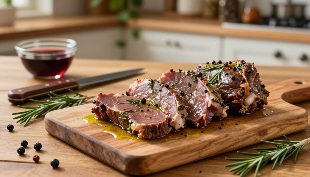 A richly arranged setting showcasing a traditional marinated game dish, featuring succulent pieces of venison marinated in earthy herbs and spices. In the foreground, a rustic wooden cutting board displays the marinated meat, glistening with a blend of olive oil and forest herbs. Surrounding it are fresh ingredients like juniper berries, rosemary, and a splash of red wine. The middle ground features a wooden table set with a vintage knife and a small bowl of marinade, hinting at the preparation process. The background reveals a softly lit kitchen with hints of greenery and wooden shelves filled with spices, evoking a warm, inviting atmosphere. The lighting is warm and natural, casting gentle shadows, while a shallow depth of field focuses attention on the marinated meat, capturing the essence of culinary artistry. A richly arranged setting showcasing a traditional marinated game dish, featuring succulent pieces of venison marinated in earthy herbs and spices. In the foreground, a rustic wooden cutting board displays the marinated meat, glistening with a blend of olive oil and forest herbs. Surrounding it are fresh ingredients like juniper berries, rosemary, and a splash of red wine. The middle ground features a wooden table set with a vintage knife and a small bowl of marinade, hinting at the preparation process. The background reveals a softly lit kitchen with hints of greenery and wooden shelves filled with spices, evoking a warm, inviting atmosphere. The lighting is warm and natural, casting gentle shadows, while a shallow depth of field focuses attention on the marinated meat, capturing the essence of culinary artistry.