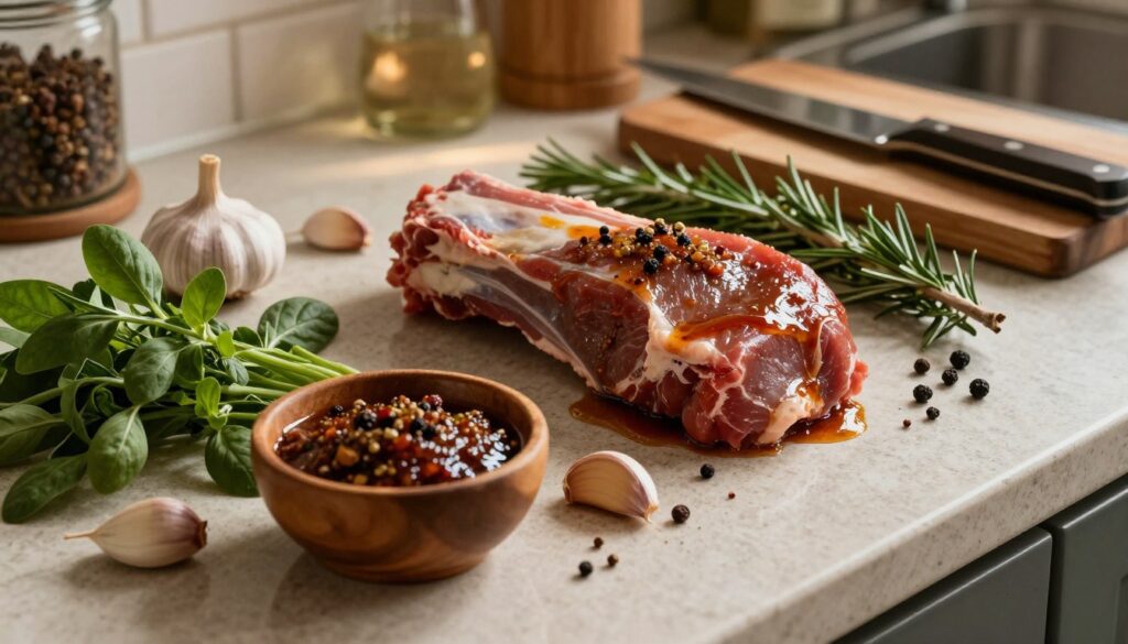 A rustic kitchen countertop adorned with various ingredients for marinating wild game meat. In the foreground, a vibrant array of fresh herbs, spices, and garlic cloves, with a small wooden bowl holding a rich, dark marinade. The middle section showcases a beautifully arranged piece of game meat, glistening with the marinade, surrounded by twigs of rosemary and juniper berries. In the background, soft, warm lighting casts gentle shadows, creating a cozy atmosphere, while a wooden cutting board and a chef’s knife add to the culinary vibe. The angle captures the depth of the scene, emphasizing the textures and colors of the ingredients, evoking a sense of preparation and anticipation for a flavorful dish. A rustic kitchen countertop adorned with various ingredients for marinating wild game meat. In the foreground, a vibrant array of fresh herbs, spices, and garlic cloves, with a small wooden bowl holding a rich, dark marinade. The middle section showcases a beautifully arranged piece of game meat, glistening with the marinade, surrounded by twigs of rosemary and juniper berries. In the background, soft, warm lighting casts gentle shadows, creating a cozy atmosphere, while a wooden cutting board and a chef’s knife add to the culinary vibe. The angle captures the depth of the scene, emphasizing the textures and colors of the ingredients, evoking a sense of preparation and anticipation for a flavorful dish.