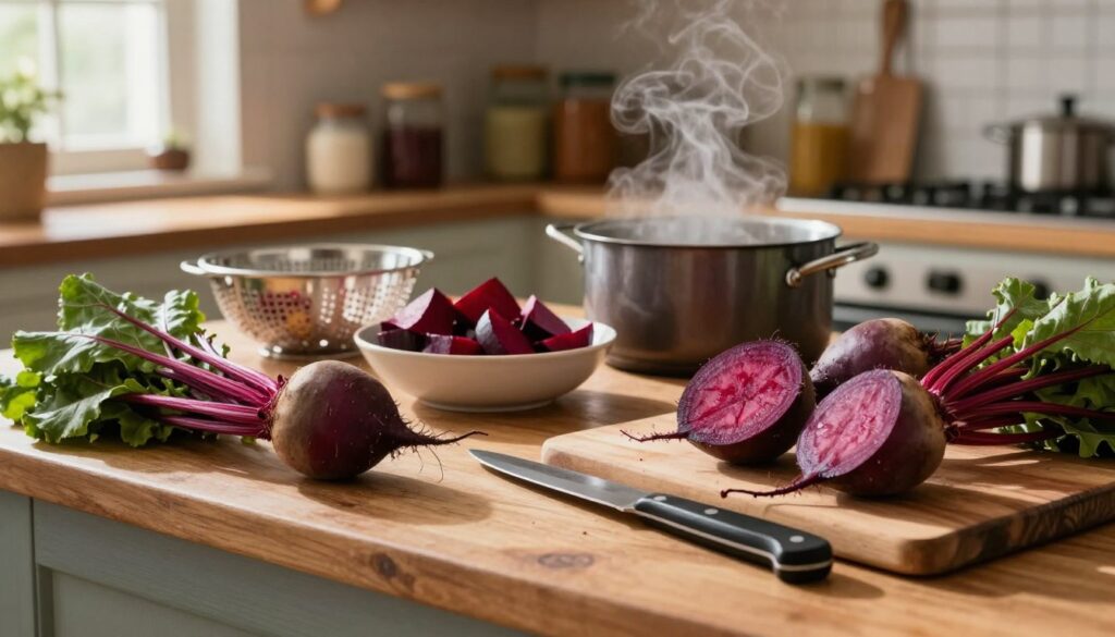 A rustic kitchen countertop filled with freshly harvested beets, showcasing a vibrant palette of deep red and purple hues. In the foreground, a wooden cutting board holds several whole beets alongside a sharp knife. In the middle ground, peeled and sliced beets are placed in a bowl, awaiting preparation for freezing. A steaming pot of water is visible, symbolizing blanching, while a colander rests nearby. The background features a warm, softly lit kitchen setting with wooden shelves lined with jars and utensils, enhancing the homey atmosphere. Natural light streams in from a nearby window, casting gentle shadows. The entire scene evokes a sense of care and tradition in food preparation, inviting viewers into the world of preserving seasonal produce. A rustic kitchen countertop filled with freshly harvested beets, showcasing a vibrant palette of deep red and purple hues. In the foreground, a wooden cutting board holds several whole beets alongside a sharp knife. In the middle ground, peeled and sliced beets are placed in a bowl, awaiting preparation for freezing. A steaming pot of water is visible, symbolizing blanching, while a colander rests nearby. The background features a warm, softly lit kitchen setting with wooden shelves lined with jars and utensils, enhancing the homey atmosphere. Natural light streams in from a nearby window, casting gentle shadows. The entire scene evokes a sense of care and tradition in food preparation, inviting viewers into the world of preserving seasonal produce.