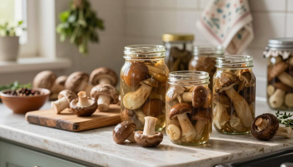 A rustic kitchen countertop is adorned with a variety of marinated mushrooms, showcasing a mix of textures and colors. In the foreground, jars filled with glistening, pickled mushrooms in shades of brown, tan, and cream catch the light, their surfaces reflecting the soft glow of natural sunlight. The middle ground features fresh mushrooms alongside a bowl of spices and herbs, hinting at the preparation process. A wooden cutting board, slightly worn, adds to the homely atmosphere, while the background reveals softly blurred kitchen elements like hanging herbs and patterned dish towels. The composition conveys a warm, inviting mood, emphasizing the beauty and traditions of home canning, with a shallow depth of field to focus on the mushrooms. A rustic kitchen countertop is adorned with a variety of marinated mushrooms, showcasing a mix of textures and colors. In the foreground, jars filled with glistening, pickled mushrooms in shades of brown, tan, and cream catch the light, their surfaces reflecting the soft glow of natural sunlight. The middle ground features fresh mushrooms alongside a bowl of spices and herbs, hinting at the preparation process. A wooden cutting board, slightly worn, adds to the homely atmosphere, while the background reveals softly blurred kitchen elements like hanging herbs and patterned dish towels. The composition conveys a warm, inviting mood, emphasizing the beauty and traditions of home canning, with a shallow depth of field to focus on the mushrooms.