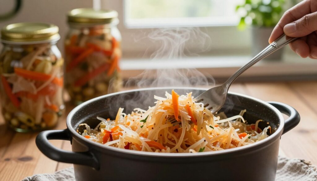 A rustic kitchen scene featuring a pot of thawing sauerkraut on a wooden countertop, with steam rising gently into the air. In the foreground, a close-up of a fork stirring the sauerkraut, revealing its vibrant, tangy texture. The middle layer showcases glass jars filled with pickled vegetables, hinting at traditional preservation methods. Soft, natural light streams in from a window in the background, illuminating the scene and adding a warm, inviting atmosphere. A hint of green from a potted herb plant peeks into the frame, enhancing the freshness of the kitchen. The overall mood is cozy and homely, evoking a sense of culinary tradition and exploration. A rustic kitchen scene featuring a pot of thawing sauerkraut on a wooden countertop, with steam rising gently into the air. In the foreground, a close-up of a fork stirring the sauerkraut, revealing its vibrant, tangy texture. The middle layer showcases glass jars filled with pickled vegetables, hinting at traditional preservation methods. Soft, natural light streams in from a window in the background, illuminating the scene and adding a warm, inviting atmosphere. A hint of green from a potted herb plant peeks into the frame, enhancing the freshness of the kitchen. The overall mood is cozy and homely, evoking a sense of culinary tradition and exploration.