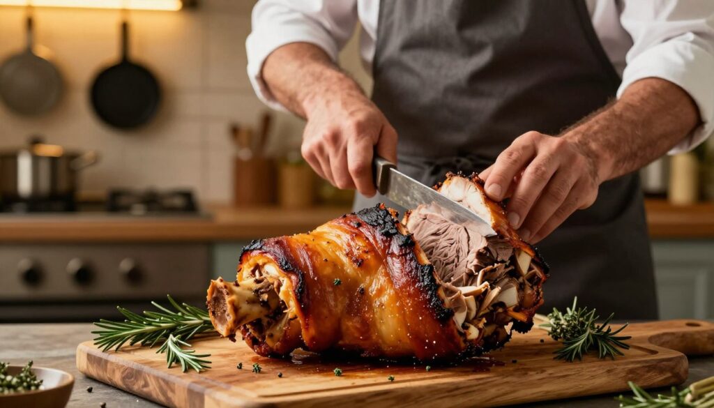 A rustic kitchen scene filled with warmth and inviting aromas, showcasing a beautifully roasted pork knuckle on a wooden cutting board. The foreground features the crispy, glistening skin, golden brown and perfectly charred, surrounded by fresh herbs like rosemary and thyme. In the middle ground, a seasoned chef, dressed in a professional apron, is carefully slicing the golonka, revealing tender, juicy meat inside. The background features a softly lit kitchen with hanging pots and warm yellow tones, evoking a homey atmosphere. The overall mood is cozy and appetizing, ideal for enhancing practical cooking tips. The lighting is soft and warm, highlighting the textures of the food and creating an inviting ambiance. A rustic kitchen scene filled with warmth and inviting aromas, showcasing a beautifully roasted pork knuckle on a wooden cutting board. The foreground features the crispy, glistening skin, golden brown and perfectly charred, surrounded by fresh herbs like rosemary and thyme. In the middle ground, a seasoned chef, dressed in a professional apron, is carefully slicing the golonka, revealing tender, juicy meat inside. The background features a softly lit kitchen with hanging pots and warm yellow tones, evoking a homey atmosphere. The overall mood is cozy and appetizing, ideal for enhancing practical cooking tips. The lighting is soft and warm, highlighting the textures of the food and creating an inviting ambiance.