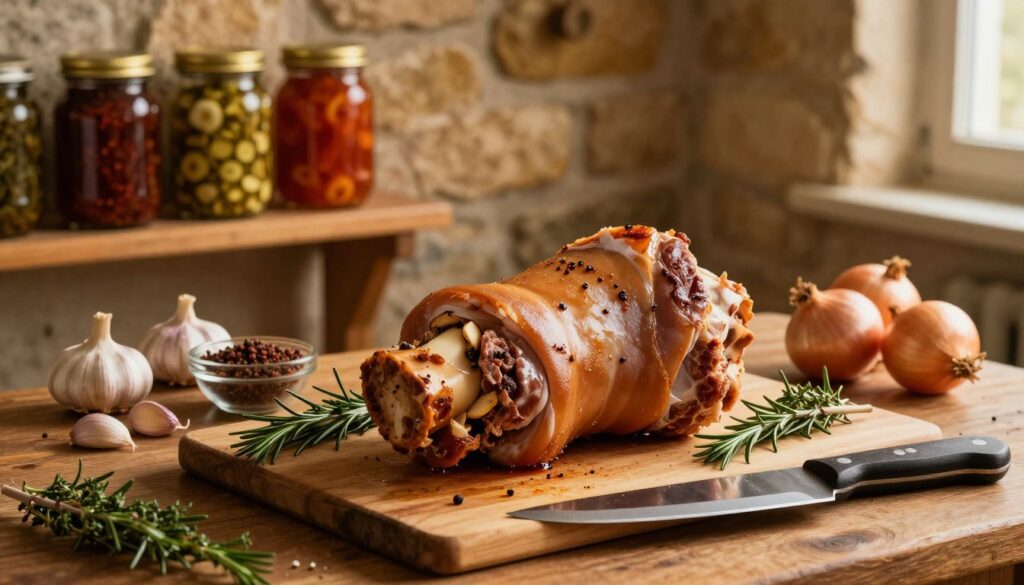 A rustic kitchen scene illustrating the preparation of a pork knuckle (golonka). In the foreground, a beautifully seasoned pork knuckle rests on a wooden cutting board, surrounded by fresh herbs like rosemary and thyme. A sharp butcher's knife lies beside it, glistening under the soft, warm light. In the middle ground, various marinating ingredients—such as garlic cloves, onions, and bowls of spices—are artfully arranged, emphasizing the depth of flavor they add. The background features a rustic stone wall, and a wooden shelf stocked with jars of home-made marinades, all bathed in an inviting, golden hour glow. The atmosphere is warm and homely, capturing the essence of traditional cooking and the anticipation of a delicious meal. A rustic kitchen scene illustrating the preparation of a pork knuckle (golonka). In the foreground, a beautifully seasoned pork knuckle rests on a wooden cutting board, surrounded by fresh herbs like rosemary and thyme. A sharp butcher's knife lies beside it, glistening under the soft, warm light. In the middle ground, various marinating ingredients—such as garlic cloves, onions, and bowls of spices—are artfully arranged, emphasizing the depth of flavor they add. The background features a rustic stone wall, and a wooden shelf stocked with jars of home-made marinades, all bathed in an inviting, golden hour glow. The atmosphere is warm and homely, capturing the essence of traditional cooking and the anticipation of a delicious meal.