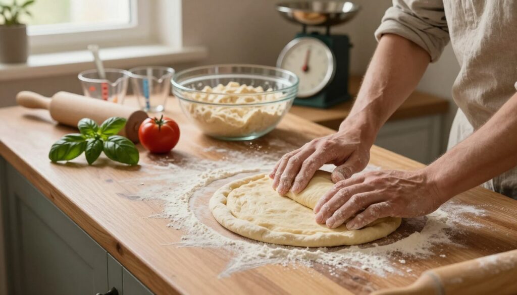 A rustic kitchen setting featuring a wooden countertop adorned with flour and pizza dough preparation ingredients. In the foreground, a pair of hands, dressed in modest casual clothing, are expertly kneading a smooth, golden-brown pizza dough, dusted with flour. Fresh basil, tomatoes, and a rolling pin lie nearby, hinting at upcoming pizza toppings. In the middle, a glass bowl filled with rising dough showcases its fluffy texture, while an assortment of measuring cups and a kitchen scale provide a sense of meticulous preparation. The background features soft, warm lighting emanating from a nearby window, illuminating the kitchen's cozy atmosphere, enhancing the inviting mood of the pizza preparation process. The scene is framed from a slightly elevated angle, capturing the art of making pizza dough before freezing. A rustic kitchen setting featuring a wooden countertop adorned with flour and pizza dough preparation ingredients. In the foreground, a pair of hands, dressed in modest casual clothing, are expertly kneading a smooth, golden-brown pizza dough, dusted with flour. Fresh basil, tomatoes, and a rolling pin lie nearby, hinting at upcoming pizza toppings. In the middle, a glass bowl filled with rising dough showcases its fluffy texture, while an assortment of measuring cups and a kitchen scale provide a sense of meticulous preparation. The background features soft, warm lighting emanating from a nearby window, illuminating the kitchen's cozy atmosphere, enhancing the inviting mood of the pizza preparation process. The scene is framed from a slightly elevated angle, capturing the art of making pizza dough before freezing.