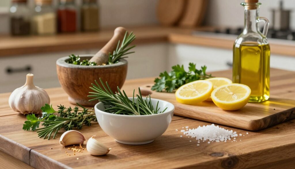 A rustic wooden kitchen table is filled with various ingredients for a lamb marinade. In the foreground, a bowl of fresh herbs like rosemary, thyme, and parsley is surrounded by crushed garlic cloves and a bottle of golden olive oil, glistening in soft, natural light. A cutting board displays vibrant lemon slices and a scattering of sea salt. The middle layer features a mortar and pestle, with some herbs being crushed to release their aromas. In the background, a wooden shelf lined with spices adds warmth to the scene. The lighting is warm and inviting, creating a cozy atmosphere reminiscent of home cooking. The focus is sharp on the ingredients, highlighting texture and color, while a gentle bokeh effect softens the background, emphasizing the art of preparing a flavorful marinade. A rustic wooden kitchen table is filled with various ingredients for a lamb marinade. In the foreground, a bowl of fresh herbs like rosemary, thyme, and parsley is surrounded by crushed garlic cloves and a bottle of golden olive oil, glistening in soft, natural light. A cutting board displays vibrant lemon slices and a scattering of sea salt. The middle layer features a mortar and pestle, with some herbs being crushed to release their aromas. In the background, a wooden shelf lined with spices adds warmth to the scene. The lighting is warm and inviting, creating a cozy atmosphere reminiscent of home cooking. The focus is sharp on the ingredients, highlighting texture and color, while a gentle bokeh effect softens the background, emphasizing the art of preparing a flavorful marinade.