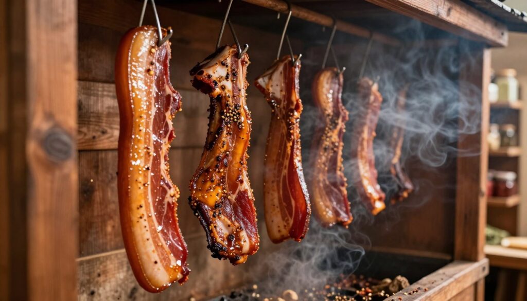A rustic wooden smokehouse filled with deliciously seasoned raw bacon hanging from hooks, glistening with a rich marinade. The foreground features slices of marinated bacon, showcasing deep hues of amber and brown, emphasizing the spices and herbs. In the middle ground, the interior of the smokehouse is illuminated by warm, soft light, creating a cozy atmosphere as wisps of smoke curl around the meat. The background shows shelves filled with various spices and herbs, adding to the intrigue of the smoking process. The scene should have a clear focus on the texture of the bacon and the smoky ambiance, evoking a sense of tradition and craftsmanship in food preparation. The perspective is slightly angled to capture the depth of the smokehouse, enhancing the visual appeal. A rustic wooden smokehouse filled with deliciously seasoned raw bacon hanging from hooks, glistening with a rich marinade. The foreground features slices of marinated bacon, showcasing deep hues of amber and brown, emphasizing the spices and herbs. In the middle ground, the interior of the smokehouse is illuminated by warm, soft light, creating a cozy atmosphere as wisps of smoke curl around the meat. The background shows shelves filled with various spices and herbs, adding to the intrigue of the smoking process. The scene should have a clear focus on the texture of the bacon and the smoky ambiance, evoking a sense of tradition and craftsmanship in food preparation. The perspective is slightly angled to capture the depth of the smokehouse, enhancing the visual appeal.