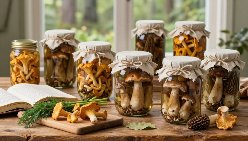 A rustic wooden table filled with an array of marinated mushrooms in jars, showcasing different varieties such as chanterelles, porcini, and morels. The jars, adorned with fabric covers and tied with twine, glisten under soft, natural lighting that highlights their vibrant colors. In the foreground, a wooden cutting board displays freshly foraged mushrooms alongside herbs like dill and bay leaves, emphasizing freshness and preparation. In the middle ground, an open cookbook with handwritten notes can be seen, suggesting a personal touch in the recipe. The background features a soft-focus forest scene through a window, hinting at the natural origins of the ingredients. The mood is warm and inviting, evoking a sense of nostalgia for traditional preserving techniques. A rustic wooden table filled with an array of marinated mushrooms in jars, showcasing different varieties such as chanterelles, porcini, and morels. The jars, adorned with fabric covers and tied with twine, glisten under soft, natural lighting that highlights their vibrant colors. In the foreground, a wooden cutting board displays freshly foraged mushrooms alongside herbs like dill and bay leaves, emphasizing freshness and preparation. In the middle ground, an open cookbook with handwritten notes can be seen, suggesting a personal touch in the recipe. The background features a soft-focus forest scene through a window, hinting at the natural origins of the ingredients. The mood is warm and inviting, evoking a sense of nostalgia for traditional preserving techniques.
