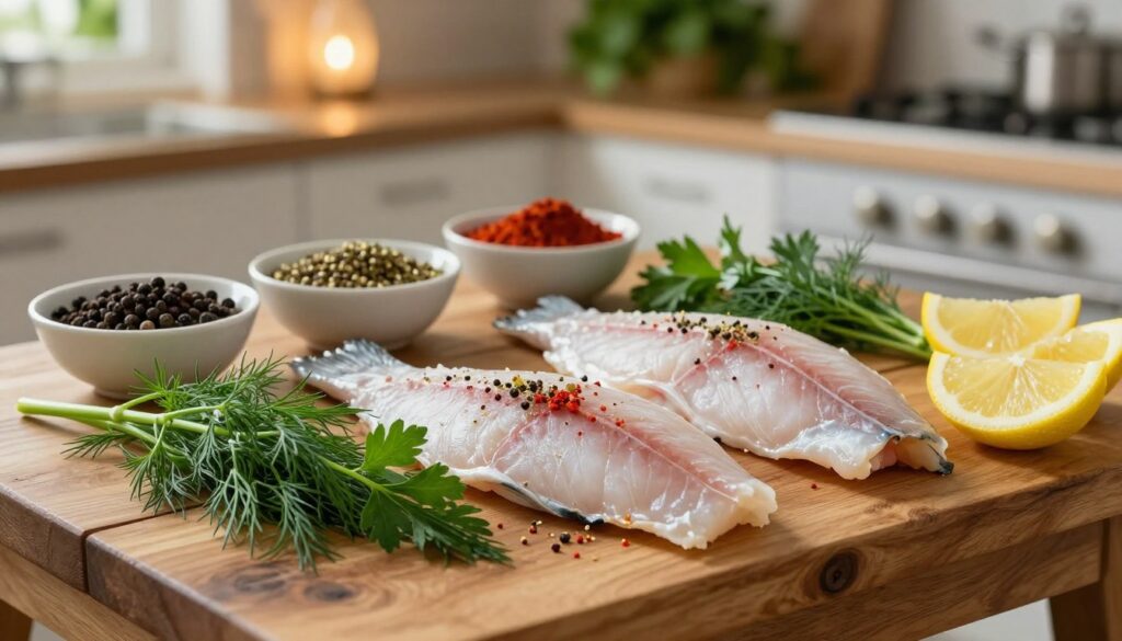 A rustic wooden table holds an array of fresh fish fillets, each elegantly garnished with a selection of spices and herbs. In the foreground, vibrant sprigs of dill, parsley, and lemon slices add a pop of color, while in the middle, various small bowls containing spices like black pepper, paprika, and coriander present an inviting visual feast. The background features a softly blurred kitchen scene, with herbs hanging above and a warm light illuminating the freshness of the ingredients. The atmosphere feels calm and inviting, conveying a sense of culinary artistry. The image is designed with soft, natural lighting to emphasize the colors and textures of the ingredients, capturing the essence of enhancing a fish dish’s natural aroma through simple, yet exquisite seasoning choices.
