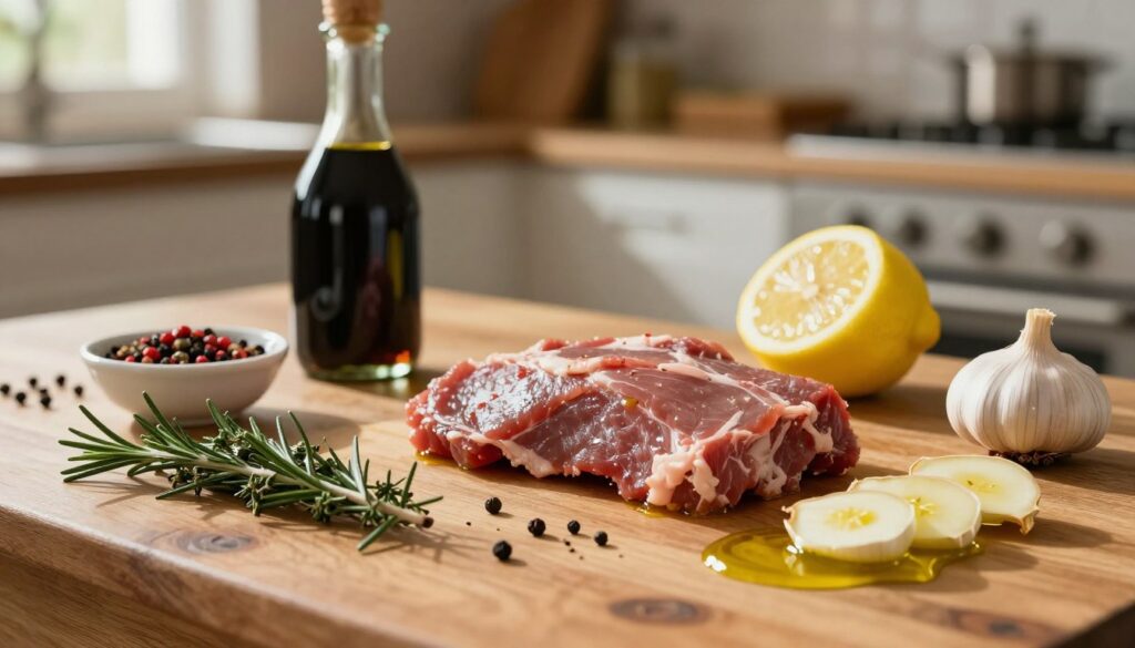A rustic wooden table laden with an array of vibrant ingredients for a marinade. In the foreground, close-up shots of fresh herbs like rosemary and thyme, colorful spices in small bowls, and sliced garlic, drizzled with golden olive oil. The middle section features a bottle of dark balsamic vinegar and a zesty lemon, with hints of crushed black pepper scattered around. The background softly blurs with an inviting, warm kitchen setting, bathed in natural sunlight filtering through a window, casting gentle shadows. Capture a cozy atmosphere, evoking a sense of culinary creativity and the essence of preparing a rich, flavorful marinade for game meat. Shot with a shallow depth of field to emphasize the fresh ingredients, highlighting their textures and colors beautifully.