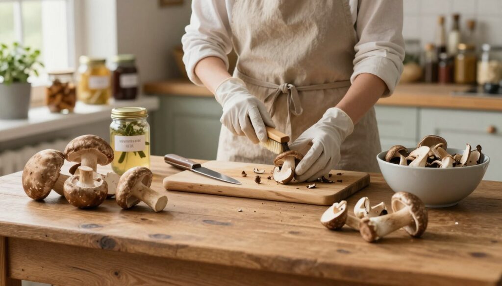 A rustic wooden table serves as the foreground, showcasing an array of freshly foraged mushrooms in various stages of preparation. In the middle, a person wearing a modest apron and gloves is cleaning mushrooms with a soft brush, surrounded by tools like a knife, cutting board, and bowl for waste. Soft natural light filters through a nearby window, enhancing the earthy tones of the mushrooms and the wood grain of the table. In the background, a blurred kitchen scene features jars labeled for preserving, with herbs and spices neatly arranged on a shelf, suggesting a homely atmosphere of culinary creativity. The overall mood is warm and inviting, emphasizing the importance of traditional techniques in mushroom processing. A rustic wooden table serves as the foreground, showcasing an array of freshly foraged mushrooms in various stages of preparation. In the middle, a person wearing a modest apron and gloves is cleaning mushrooms with a soft brush, surrounded by tools like a knife, cutting board, and bowl for waste. Soft natural light filters through a nearby window, enhancing the earthy tones of the mushrooms and the wood grain of the table. In the background, a blurred kitchen scene features jars labeled for preserving, with herbs and spices neatly arranged on a shelf, suggesting a homely atmosphere of culinary creativity. The overall mood is warm and inviting, emphasizing the importance of traditional techniques in mushroom processing.