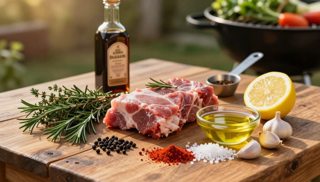 A rustic wooden table set outdoors under warm, golden hour lighting, featuring essential ingredients for a classic marinade for pork neck. In the foreground, vibrant fresh herbs like rosemary and thyme are artfully arranged alongside spices such as black peppercorns, crimson paprika, and coarse sea salt. A small dish of olive oil glistens, accentuated by a few garlic cloves and a halved lemon, their juices ready to enhance the flavors. In the middle ground, a bottle of balsamic vinegar and a measuring spoon add depth to the composition. The background softly blurs to reveal a hint of a grill and fresh vegetables, evoking a cozy barbecue atmosphere. The overall mood is inviting and warm, perfect for conveying the essence of a delicious marinade. A rustic wooden table set outdoors under warm, golden hour lighting, featuring essential ingredients for a classic marinade for pork neck. In the foreground, vibrant fresh herbs like rosemary and thyme are artfully arranged alongside spices such as black peppercorns, crimson paprika, and coarse sea salt. A small dish of olive oil glistens, accentuated by a few garlic cloves and a halved lemon, their juices ready to enhance the flavors. In the middle ground, a bottle of balsamic vinegar and a measuring spoon add depth to the composition. The background softly blurs to reveal a hint of a grill and fresh vegetables, evoking a cozy barbecue atmosphere. The overall mood is inviting and warm, perfect for conveying the essence of a delicious marinade.