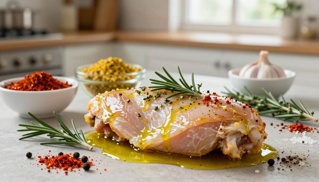 A seasoned chicken breast marinated beautifully with an array of vibrant spices and herbs. In the foreground, show the chicken breast glistening with a blend of olive oil, garlic, and fresh herbs like rosemary and thyme. Surround it with colorful spices such as paprika, black pepper, and sea salt for a striking contrast. In the middle ground, arrange small bowls filled with these ingredients, showcasing their textures and colors. The background features a soft-focus kitchen setting to evoke a warm, inviting atmosphere, with natural light streaming in through a nearby window, casting gentle shadows. The overall mood should be appetizing and fresh, emphasizing the culinary art of preparing chicken for a flavorful cooking experience.
