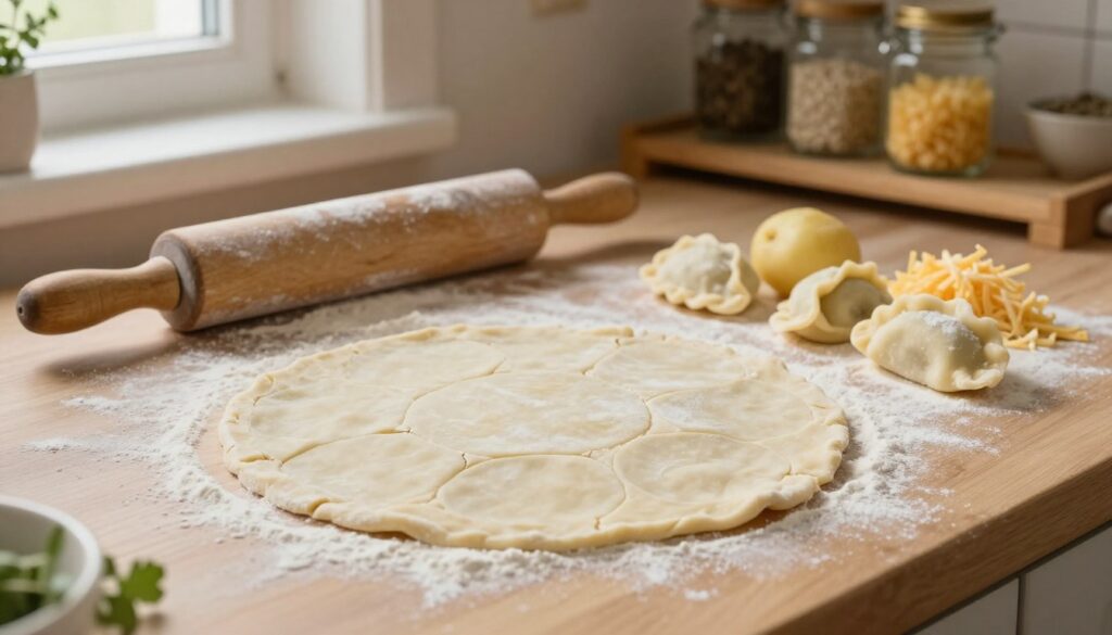 A serene kitchen countertop featuring a bowl of thawed pierogi dough, with subtle cracks visible to illustrate the delicate texture. In the foreground, the dough is floured, freshly rolled out, and partially cut into circles, with one or two filled pierogi resting next to it, showcasing traditional ingredients like potatoes and cheese. In the middle ground, a vintage rolling pin and a flour-dusted surface convey the hands-on preparation process. Soft, warm lighting filters through a nearby window, creating a cozy atmosphere. In the background, a rustic shelf holds jars of spices and herbs, and a light wooden ambiance evokes a homemade feel. The angle is slightly overhead, focusing on the dough while capturing the essence of traditional Polish cuisine. A serene kitchen countertop featuring a bowl of thawed pierogi dough, with subtle cracks visible to illustrate the delicate texture. In the foreground, the dough is floured, freshly rolled out, and partially cut into circles, with one or two filled pierogi resting next to it, showcasing traditional ingredients like potatoes and cheese. In the middle ground, a vintage rolling pin and a flour-dusted surface convey the hands-on preparation process. Soft, warm lighting filters through a nearby window, creating a cozy atmosphere. In the background, a rustic shelf holds jars of spices and herbs, and a light wooden ambiance evokes a homemade feel. The angle is slightly overhead, focusing on the dough while capturing the essence of traditional Polish cuisine.